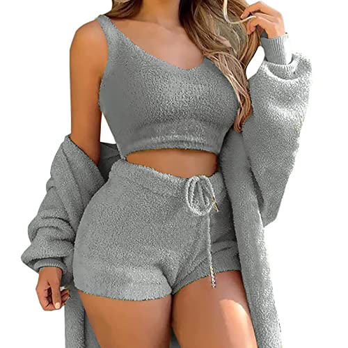 Minetom Damen Warm Fuzzy Fleece 3-Teilig Outfits Pyjamas Kuscheliges Strickset Offene Front Kapuzen Cardigan Top Shorts Oder Hoher Taille Hose A Grau XS von Minetom