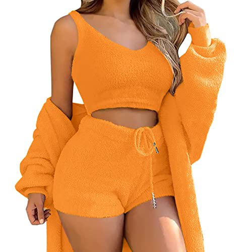 Minetom Damen Warm Fuzzy Fleece 3-Teilig Outfits Pyjamas Kuscheliges Strickset Offene Front Kapuzen Cardigan Top Shorts Oder Hoher Taille Hose A Orange L von Minetom