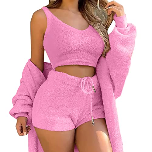 Minetom Damen Warm Fuzzy Fleece 3-Teilig Outfits Pyjamas Kuscheliges Strickset Offene Front Kapuzen Cardigan Top Shorts Oder Hoher Taille Hose A Rosa Rot XS von Minetom