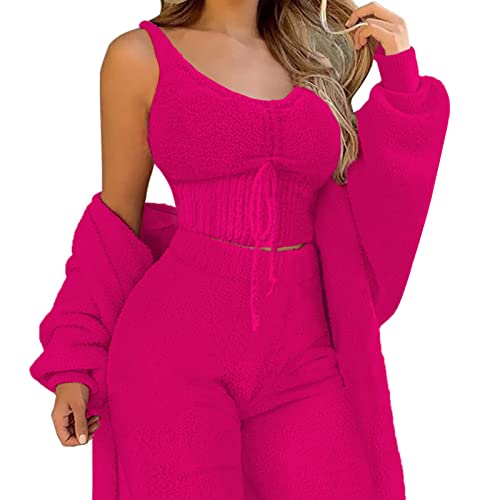 Minetom Damen Warm Fuzzy Fleece 3-Teilig Outfits Pyjamas Kuscheliges Strickset Offene Front Kapuzen Cardigan Top Shorts Oder Hoher Taille Hose C Rosa Rot L von Minetom