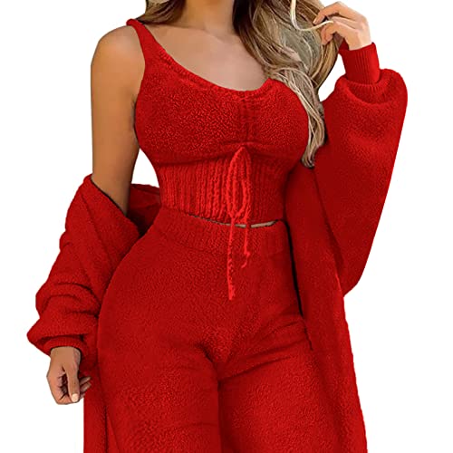 Minetom Damen Warm Fuzzy Fleece 3-Teilig Outfits Pyjamas Kuscheliges Strickset Offene Front Kapuzen Cardigan Top Shorts Oder Hoher Taille Hose C Rot XS von Minetom