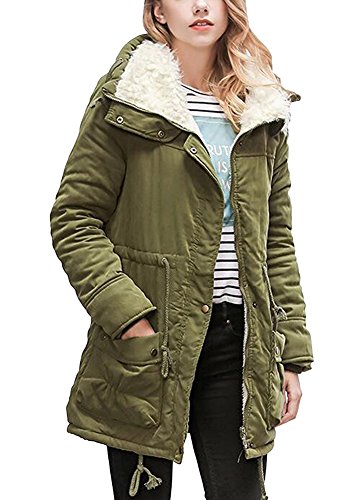 Minetom Damen Warm Großes Revers Winterjacke Winterparka Verdicken Plüsch Gezeichnet Langer Mantel Tasche Tunnelzug Parka Windbreaker Armee Grün DE 48 von Minetom