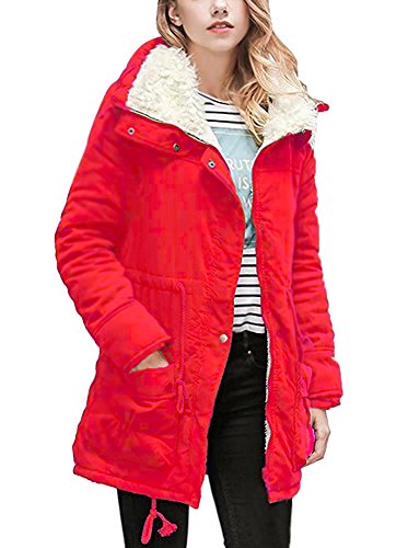 Minetom Damen Warm Großes Revers Winterjacke Winterparka Verdicken Plüsch Gezeichnet Langer Mantel Tasche Tunnelzug Parka Windbreaker Rot DE 38 von Minetom