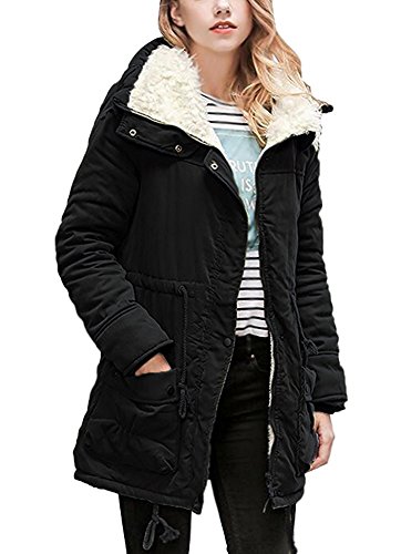 Minetom Damen Warm Großes Revers Winterjacke Winterparka Verdicken Plüsch Gezeichnet Langer Mantel Tasche Tunnelzug Parka Windbreaker Schwarz DE 36 von Minetom