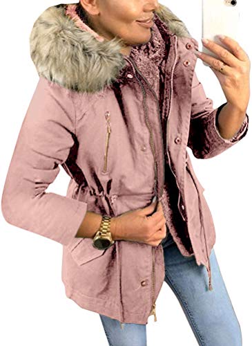 Minetom Damen Warm Verdicken Winterjacke Mantel Mit Plüsch Kapuze Winddicht Tasche Reißverschluss Kurze Parka Jacke Outerwear Top Rosa 38 von Minetom