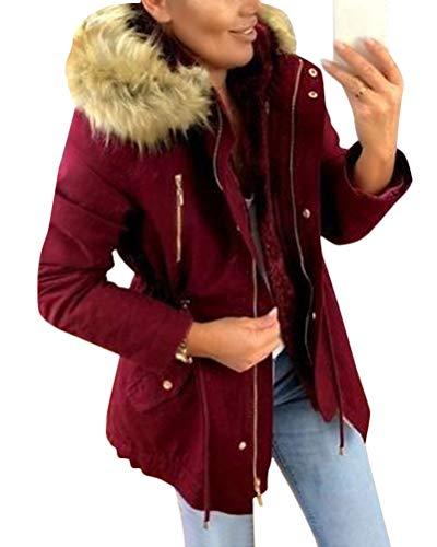 Minetom Damen Warm Verdicken Winterjacke Mantel Mit Plüsch Kapuze Winddicht Tasche Reißverschluss Kurze Parka Jacke Outerwear Top Weinrot 34 von Minetom