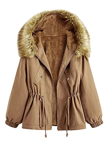 Minetom Damen Warm Verdicken Winterjacke Mantel Mit Plüsch Kapuze Winddicht Tasche Tunnelzug Kurze Parka Fleece Jacke Outerwear Y Braun 40 von Minetom