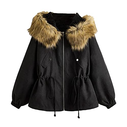 Minetom Damen Warm Verdicken Winterjacke Mantel Mit Plüsch Kapuze Winddicht Tasche Tunnelzug Kurze Parka Fleece Jacke Outerwear Y Schwarz 36 von Minetom