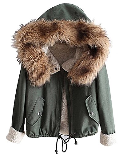 Minetom Damen Warm Verdicken Winterjacke Mantel Mit Plüsch Kapuze Winddicht Tasche Tunnelzug Kurze Parka Gezeichnet Jacke Outerwear (DE 38, Grün) von Minetom