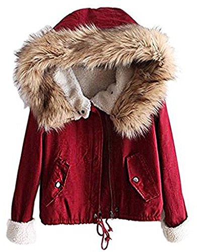 Minetom Damen Warm Verdicken Winterjacke Mantel Mit Plüsch Kapuze Winddicht Tasche Tunnelzug Kurze Parka Gezeichnet Jacke Outerwear Rot DE 42 von Minetom