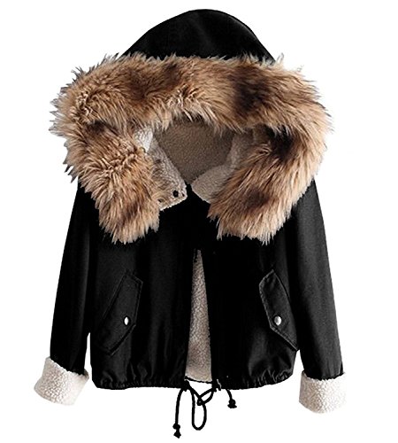 Minetom Damen Warm Verdicken Winterjacke Mantel Mit Plüsch Kapuze Winddicht Tasche Tunnelzug Kurze Parka Gezeichnet Jacke Outerwear Schwarz DE 38 von Minetom