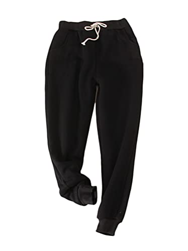 Minetom Damen Warme Gefüttert Jogginghose Kordelzug Sportlich Jogger Fleece Hosen Frauen Winter Stretch Sporthose Trainingshose mit Taschen C Schwarz L von Minetom