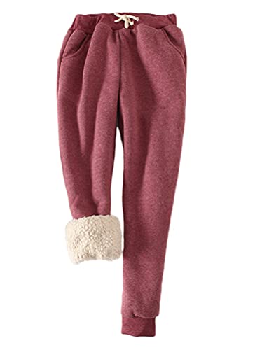 Minetom Damen Warme Gefüttert Jogginghose Kordelzug Sportlich Jogger Fleece Hosen Frauen Winter Stretch Sporthose Trainingshose mit Taschen C Weinrot XS von Minetom