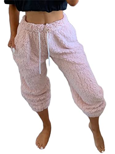 Minetom Damen Warme Gefüttert Jogginghose Sportlich Jogger Fleece Hosen Frauen Winter Plüsch Stretch Sporthose Trainingshose mit Taschen D Rosa M von Minetom