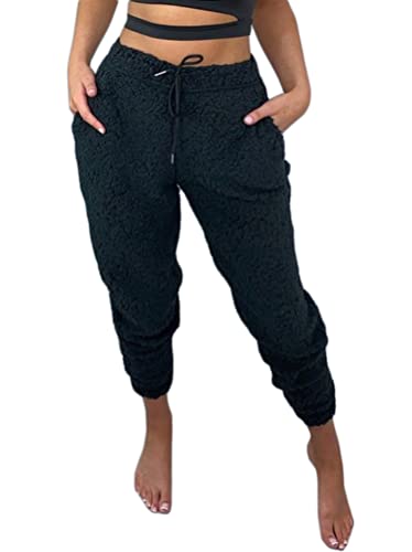 Minetom Damen Warme Gefüttert Jogginghose Sportlich Jogger Fleece Hosen Frauen Winter Plüsch Stretch Sporthose Trainingshose mit Taschen D Schwarz L von Minetom