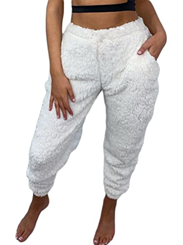 Minetom Damen Warme Gefüttert Jogginghose Sportlich Jogger Fleece Hosen Frauen Winter Plüsch Stretch Sporthose Trainingshose mit Taschen D Weiß XL von Minetom