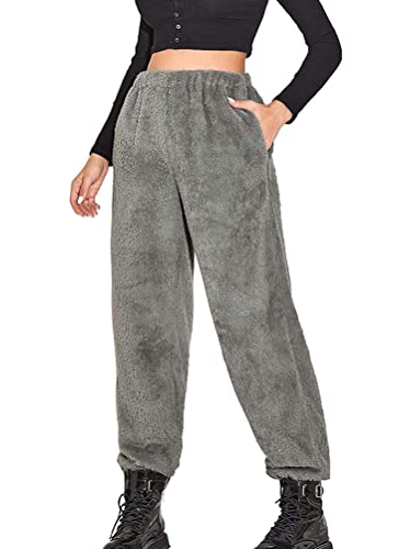 Minetom Damen Warme Gefüttert Jogginghose Sportlich Jogger Fleece Hosen Frauen Winter Plüsch Stretch Sporthose Trainingshose mit Taschen E Grau L von Minetom