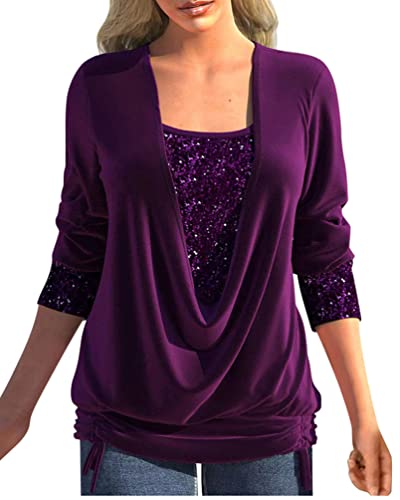 Minetom Damen Weihnachten Bluse Hemd Elegant Pailletten Tunika Casual Langarm T-Shirt Druck Shirts Blumen Oberteil Tops D Violett XXL von Minetom