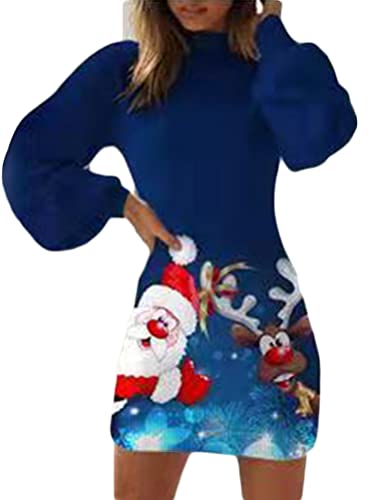 Minetom Damen Weihnachten Pulloverkleid Strickkleid Tunika Weihnachtsdruck Kleid Langarm Rollkragen Minikleid Pullikleid Weihnachtskleid D Dunkelblau S von Minetom