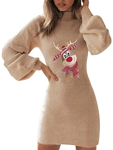 Minetom Damen Weihnachten Pulloverkleid Strickkleid Tunika Weihnachtsdruck Kleid Langarm Rollkragen Minikleid Pullikleid Weihnachtskleid E Beige 04 S von Minetom