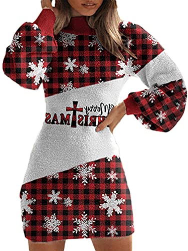 Minetom Damen Weihnachten Pulloverkleid Strickkleid Tunika Weihnachtsdruck Kleid V-Ausschnitt Langarm Rollkragen Minikleid Pullikleid Weihnachtskleid C Rot S von Minetom