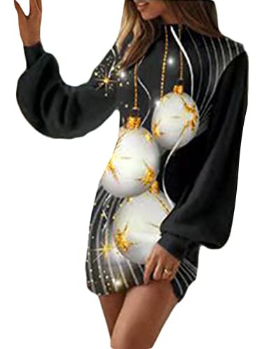 Minetom Damen Weihnachten Pulloverkleid Strickkleid Tunika Weihnachtsdruck Kleid V-Ausschnitt Langarm Rollkragen Minikleid Pullikleid Weihnachtskleid D Schwarz S von Minetom