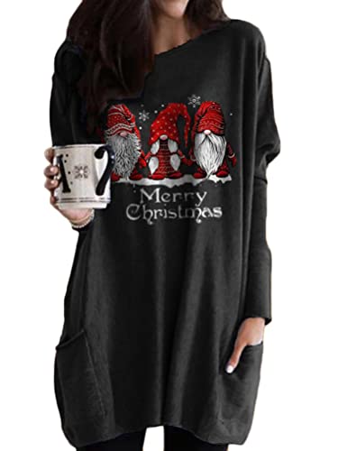 Minetom Damen Weihnachten Sweatshirt Winter Langarmshirt Weihnachtspullover Mit Komisch Gedruckt Outfit Mit Taschen G Schwarz 3XL von Minetom