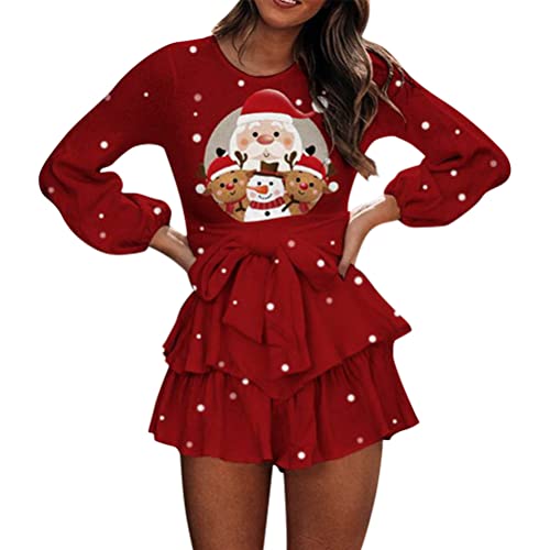 Minetom Damen Weihnachts Weihnachten Mini Kleider Festival Langarm Weihnachtskleid Weihnachten Druck Partykleid A-Linie Swing Kleid Dress Kostüm A Rot M von Minetom