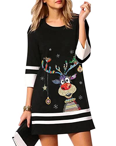 Minetom Damen Weihnachtskleid Elegante Blusenkleid 3/4 Ärmel Festliches Kleider Weihnachten Druck Tunika Kleid Partykleid Cocktailkleid Mehrfarbig 3XL von Minetom