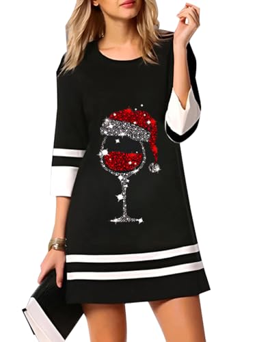 Minetom Damen Weihnachtskleid Elegante Blusenkleid 3/4 Ärmel Festliches Kleider Weihnachten Druck Tunika Kleid Partykleid Cocktailkleid Rot 3XL von Minetom