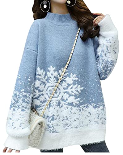 Minetom Damen Weihnachtspullover Weihnachten Pullover Strickpullover Mädchen Weihnachtspulli Warm Winter Gestrickt Pulli Sweater Strickpulli E Blau L von Minetom