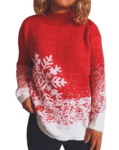 Minetom Damen Weihnachtspullover Weihnachten Pullover Strickpullover Mädchen Weihnachtspulli Warm Winter Gestrickt Pulli Sweater Strickpulli E Rot XL von Minetom