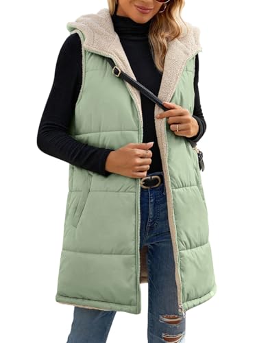 Minetom Damen Weste Lang Mit Kapuze Steppweste Gefüttert Fleeceweste Warme Freizeit Ärmellos Jacke Thermo Stehkragen Vest Kapuzenweste Reißverschlüsse Herbst Winter A Hellgrün XS von Minetom