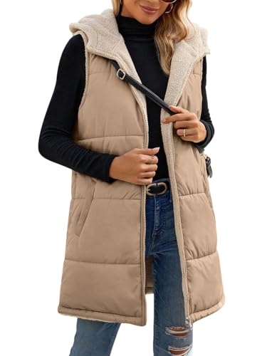 Minetom Damen Weste Lang Mit Kapuze Steppweste Gefüttert Fleeceweste Warme Freizeit Ärmellos Jacke Thermo Stehkragen Vest Kapuzenweste Reißverschlüsse Herbst Winter A Khaki L von Minetom