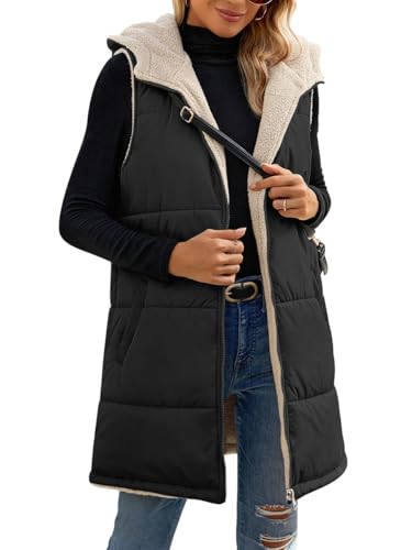 Minetom Damen Weste Lang Mit Kapuze Steppweste Gefüttert Fleeceweste Warme Freizeit Ärmellos Jacke Thermo Stehkragen Vest Kapuzenweste Reißverschlüsse Herbst Winter A Schwarz XXL von Minetom