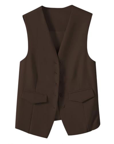 Minetom Damen Weste V-Ausschnitt Business Freizeit Anzugweste Tank Top Elegant Ärmellos Blazer Slim Fit Mantel Jacke mit Knöpfe A Braun S von Minetom