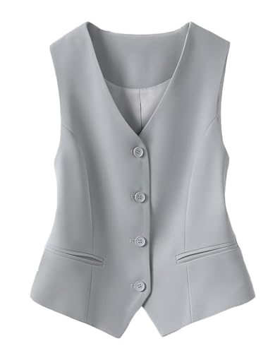 Minetom Damen Weste V-Ausschnitt Business Freizeit Anzugweste Tank Top Elegant Ärmellos Blazer Slim Fit Mantel Jacke mit Knöpfe B Hellgrau S von Minetom