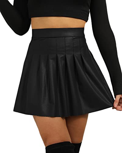 Minetom Damen Wetlook Rock Falsch Lederoptik Seitenteilung Minirock Clubwear High Waist Party PU Bodycon Röcke Mit Reißverschluss Faltenrock D Schwarz L von Minetom