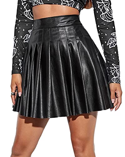 Minetom Damen Wetlook Rock falsch Lederoptik Seitenteilung Minirock Clubwear High Waist Party PU Bodycon Röcke mit Reißverschluss Faltenrock B Schwarz M von Minetom