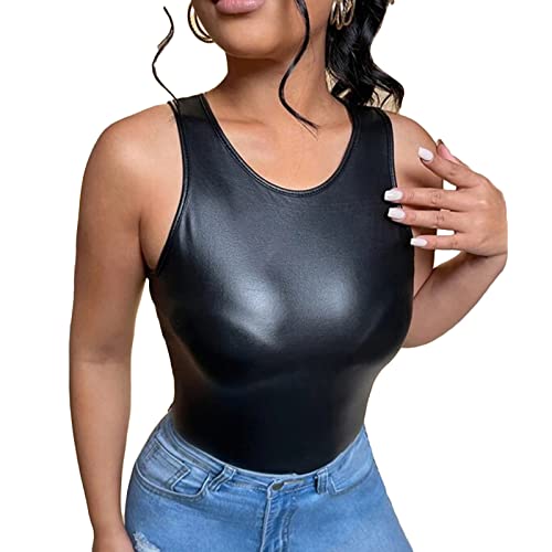 Minetom Damen Wetlook Top Ärmellos T-Shirt Sexy Tank Top PU Leder Slim Fit Weste Bluse Oberteil Party Clubwear Tops A Schwarz M von Minetom