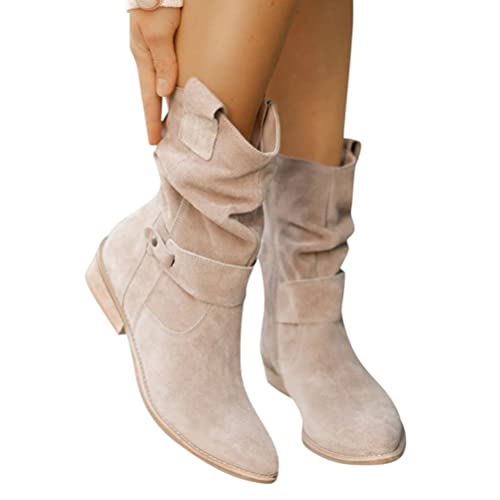 Minetom Damen Wildleder Stiefeletten Klassisch Halbstiefel Spitz Schlupfschuhe Niederung Stiefel Mit Schnalle Kurzstiefel Übergangsstiefel Halbhohe Boots Damenstiefel A Beige 40 EU von Minetom