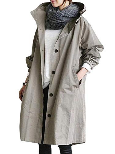 Minetom Damen Windbreaker Elegant Langarm Lange Jacke mit Kapuze Übergangsjacke Atmungsaktiv Parka Leichte Herbst Mantel Grau L von Minetom