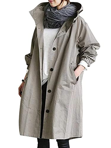 Minetom Damen Windbreaker Elegant Langarm Lange Jacke mit Kapuze Übergangsjacke Atmungsaktiv Parka Leichte Herbst Mantel Grau XXL von Minetom