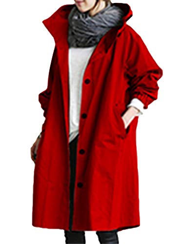 Minetom Damen Windbreaker Elegant Langarm Lange Jacke mit Kapuze Übergangsjacke Atmungsaktiv Parka Leichte Herbst Mantel Rot L von Minetom