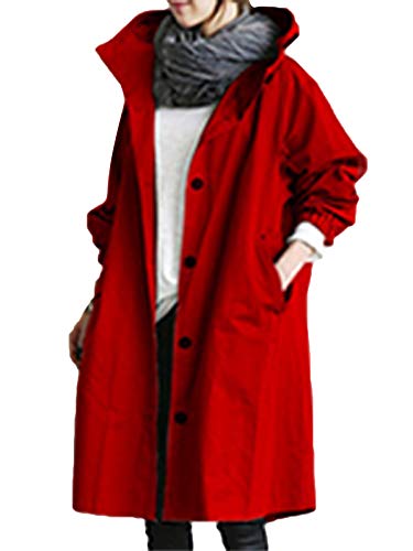 Minetom Damen Windbreaker Elegant Langarm Lange Jacke mit Kapuze Übergangsjacke Atmungsaktiv Parka Leichte Herbst Mantel Rot XL von Minetom