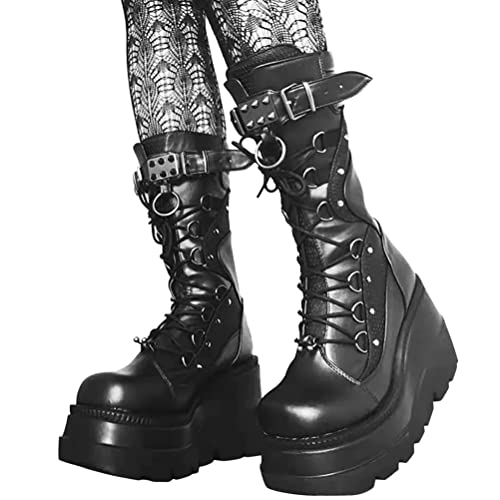 Minetom Damen Winter Gothic Punk Plateau Stiefel Goth Schnalle Zipper Wedges Mid Schuhe Plattform Biker Boots Chunky Motorrad Stiefel A Schwarz 40 EU von Minetom