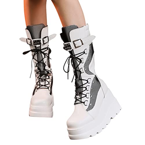 Minetom Damen Winter Gothic Punk Plateau Stiefel Goth Schnalle Zipper Wedges Mid Schuhe Plattform Biker Boots Chunky Motorrad Stiefel A Weiß 37 EU von Minetom