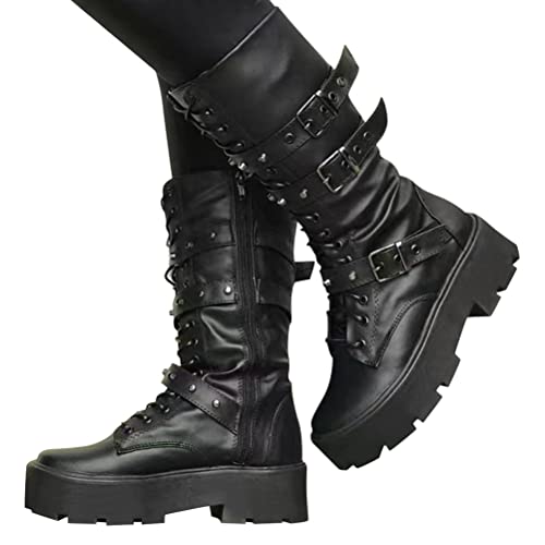 Minetom Damen Winter Gothic Punk Plateau Stiefel Goth Schnalle Zipper Wedges Mid Schuhe Plattform Biker Boots Chunky Motorrad Stiefel B Schwarz 40 EU von Minetom