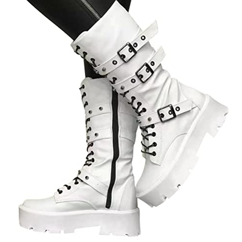 Minetom Damen Winter Gothic Punk Plateau Stiefel Goth Schnalle Zipper Wedges Mid Schuhe Plattform Biker Boots Chunky Motorrad Stiefel B Weiß 40 EU von Minetom