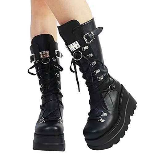 Minetom Damen Winter Gothic Punk Plateau Stiefel Goth Schnalle Zipper Wedges Mid Schuhe Plattform Biker Boots Chunky Motorrad Stiefel C Schwarz 37 EU von Minetom